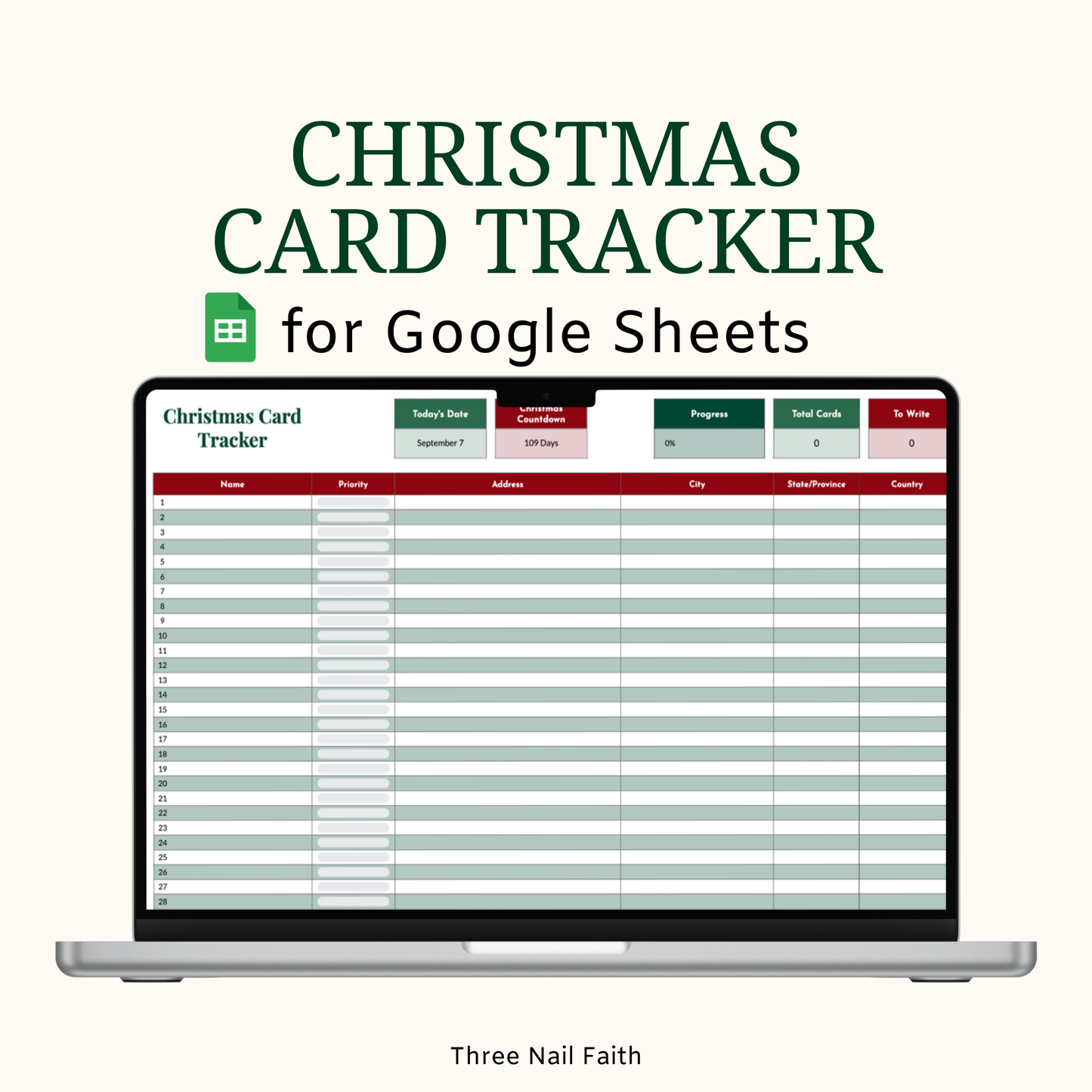 Christmas Card Tracker Spreadsheet  colors are classic red and green 