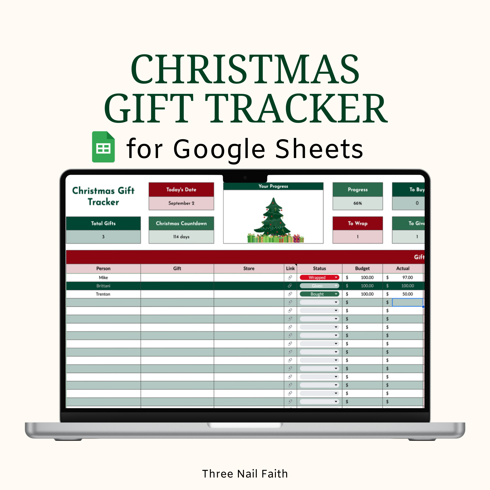 Christmas Gift Google Sheets Tracker classic christmas colors 