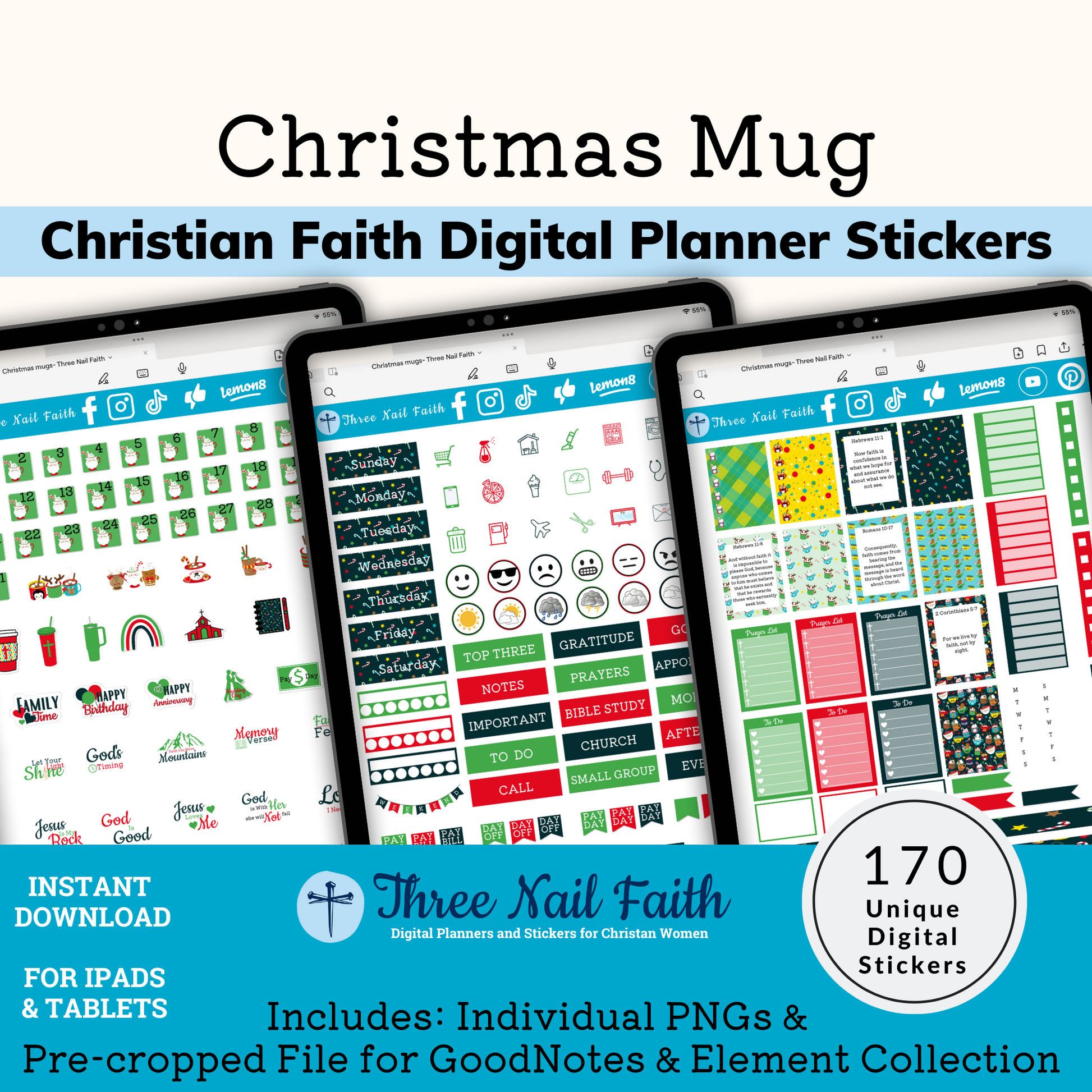 Christmas Mugs digital planner stickers with 170 individual stickers