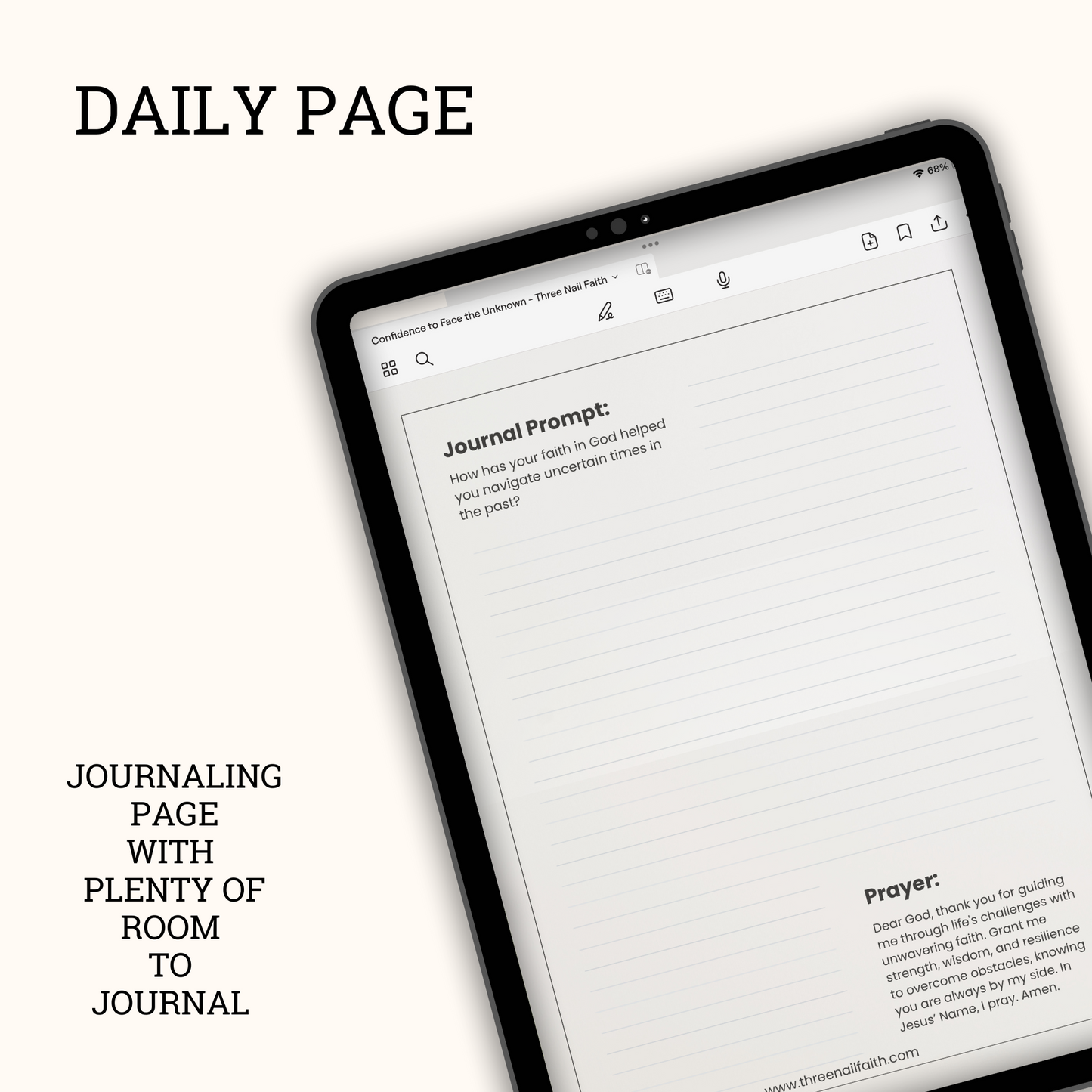 Daily page of the confidence to face the unknown journal page includes a journal prompt, journal area and a prayer