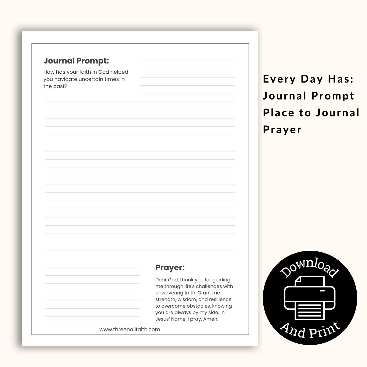 Daily page of Confidence to face the unknown printable 21 day prompted journal. the page includes a journal prompt, room to journal, and a prayer