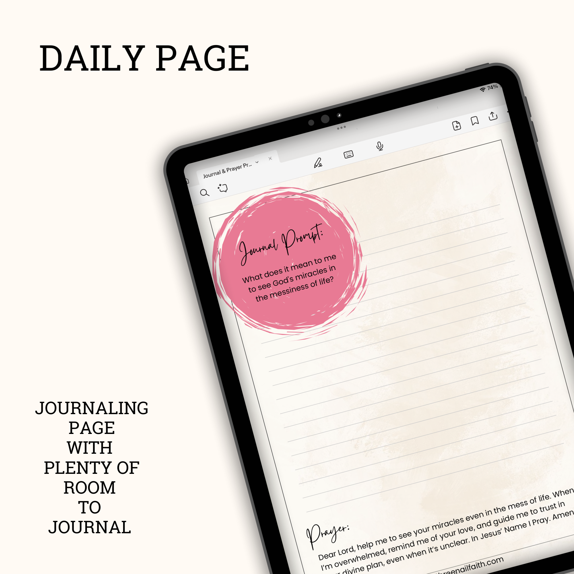 each daily page has a prompted faith journal question, room to journal, and prayer 