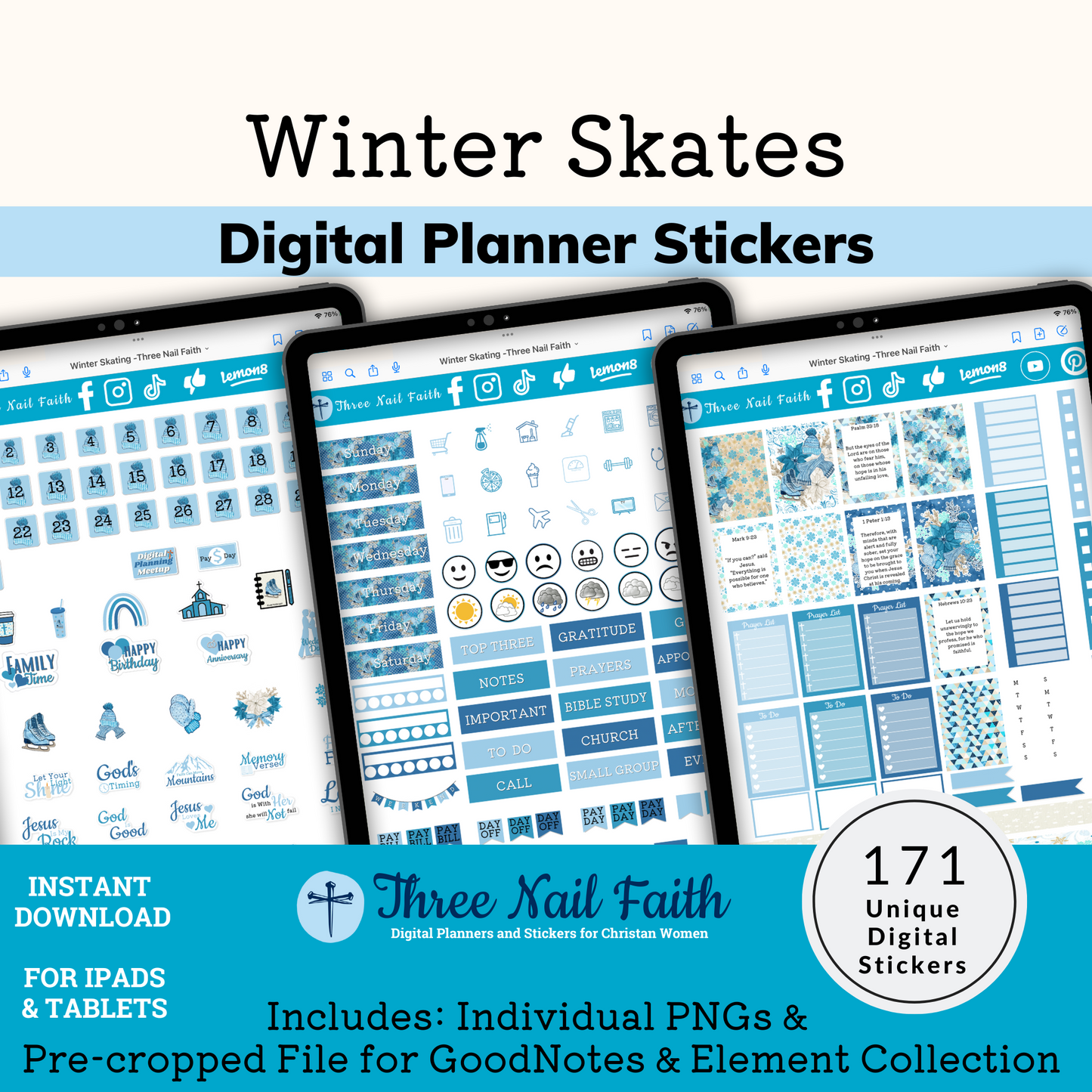 Winter Skating Digital Planner Stickers with 171 Digital planner stickers