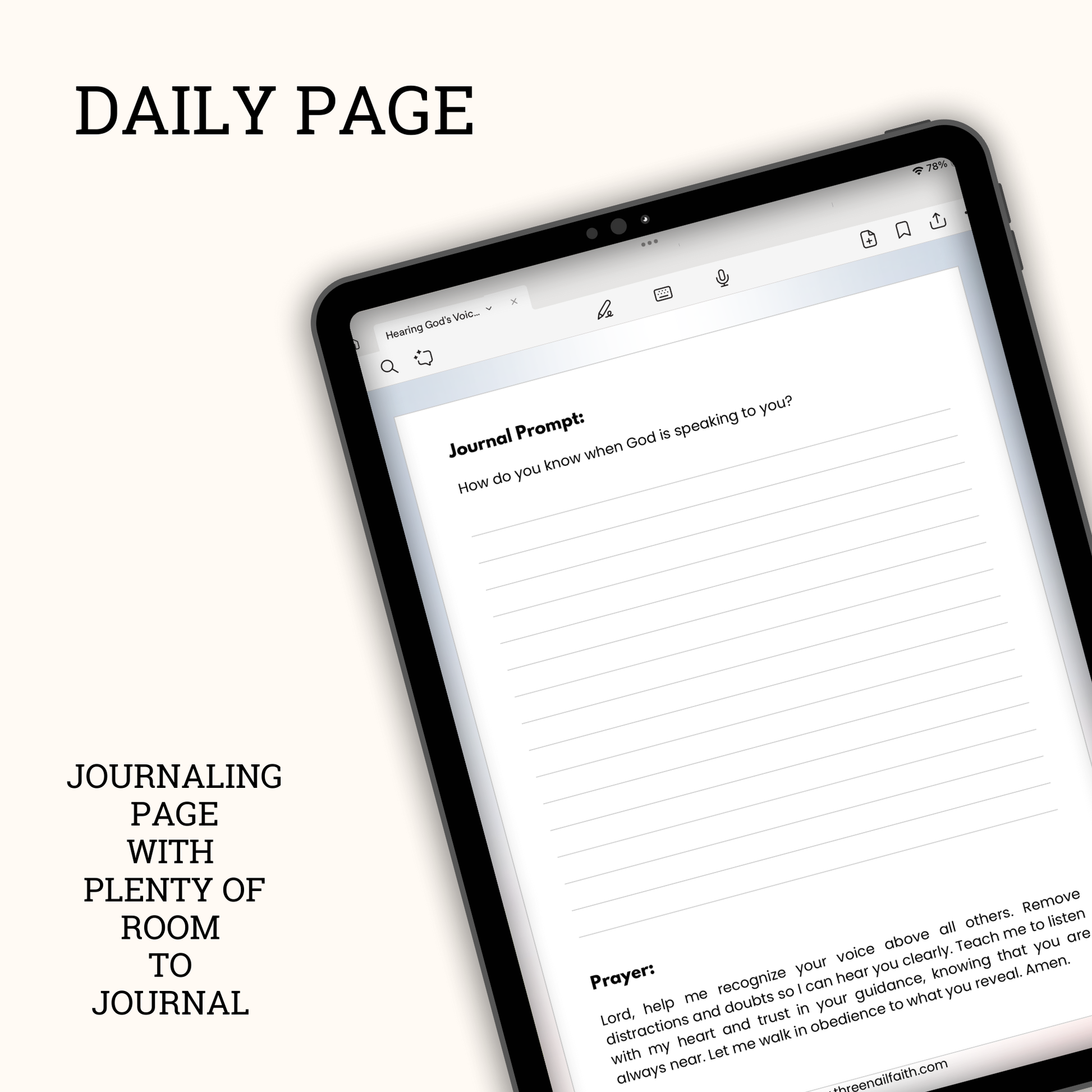 Each daily page has a journal prompt and room to journal, and a small prayer. 