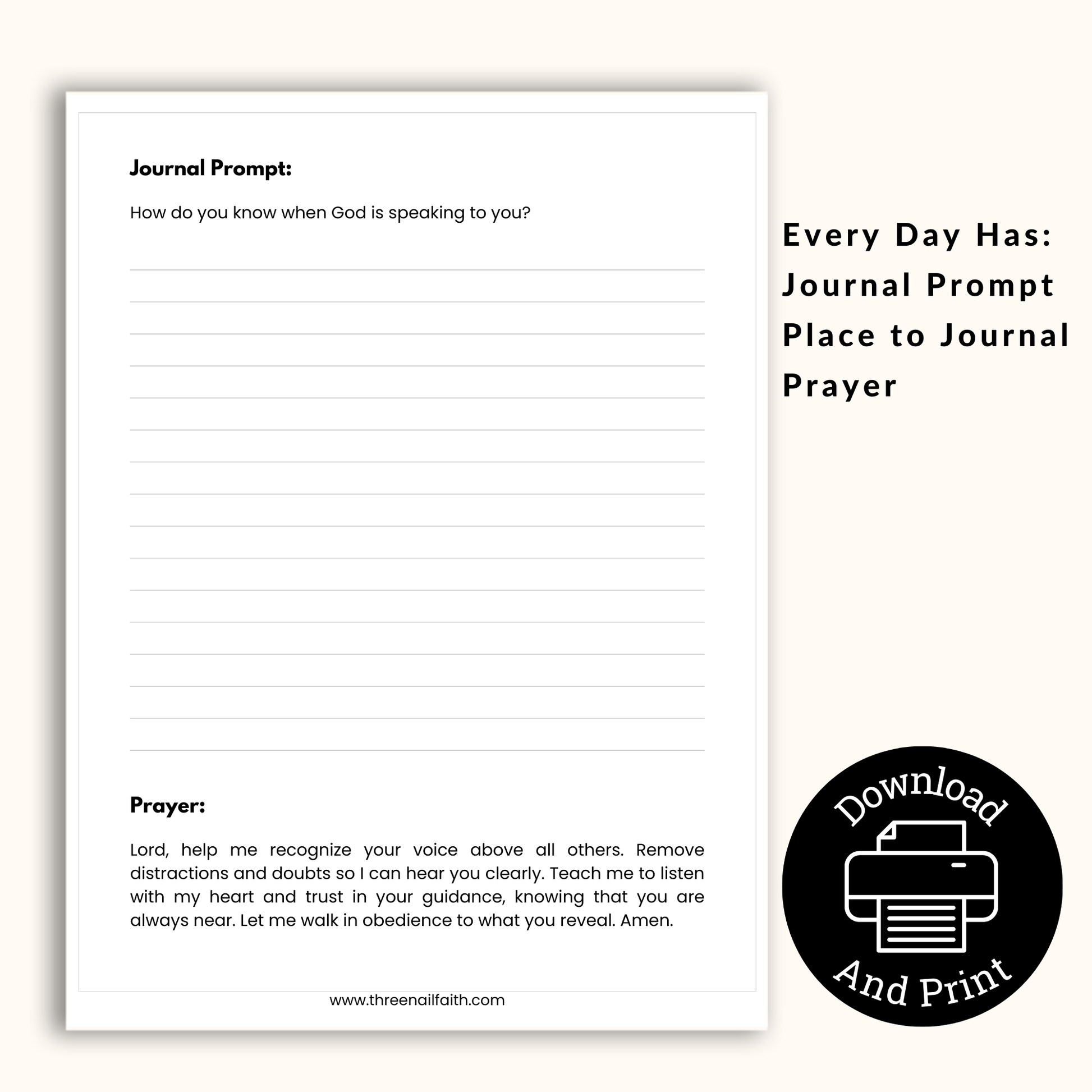 each daily page includes a journal prompt and a small prayer