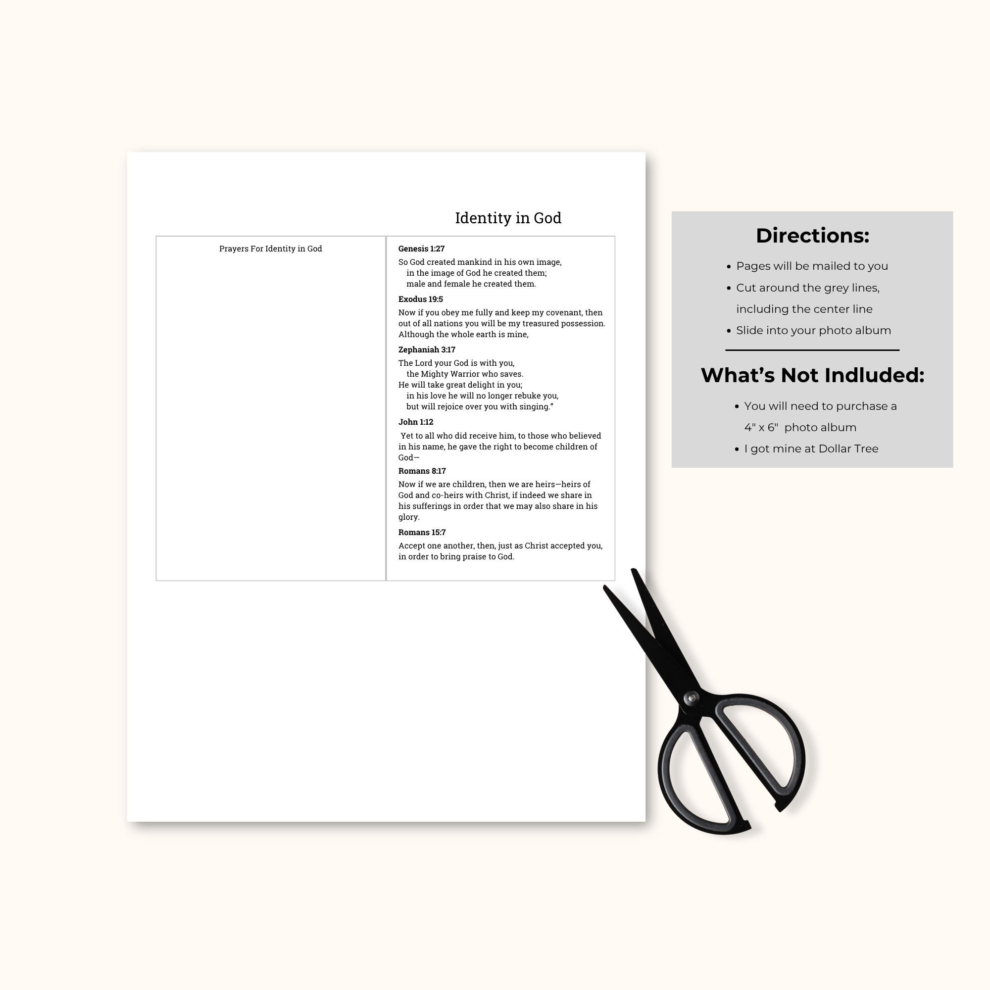 Each page has one topic. Cut around the grey lines and slide them into a 4 x 6 photo album 