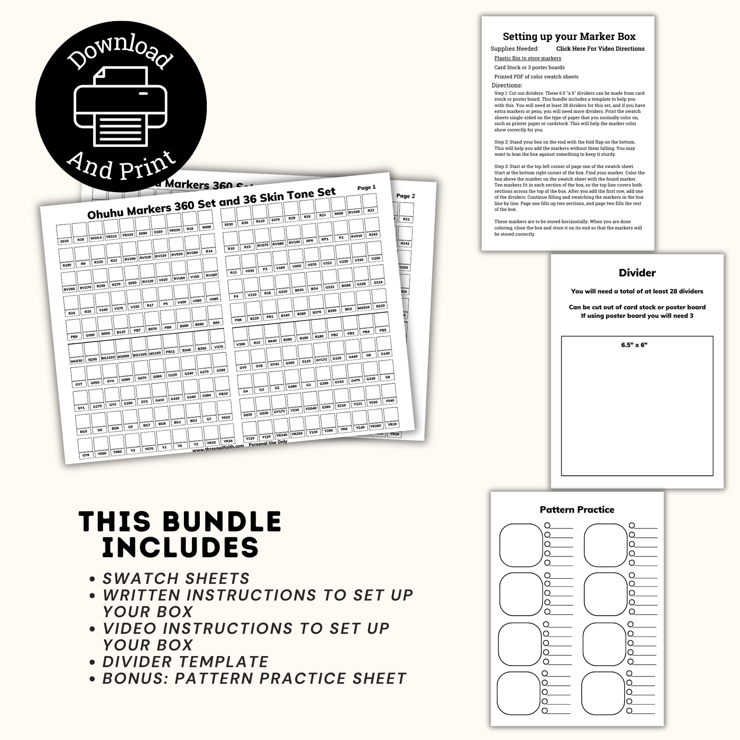 listing includes marker swatch sheet, directions, divider template, and pattern practice sheet