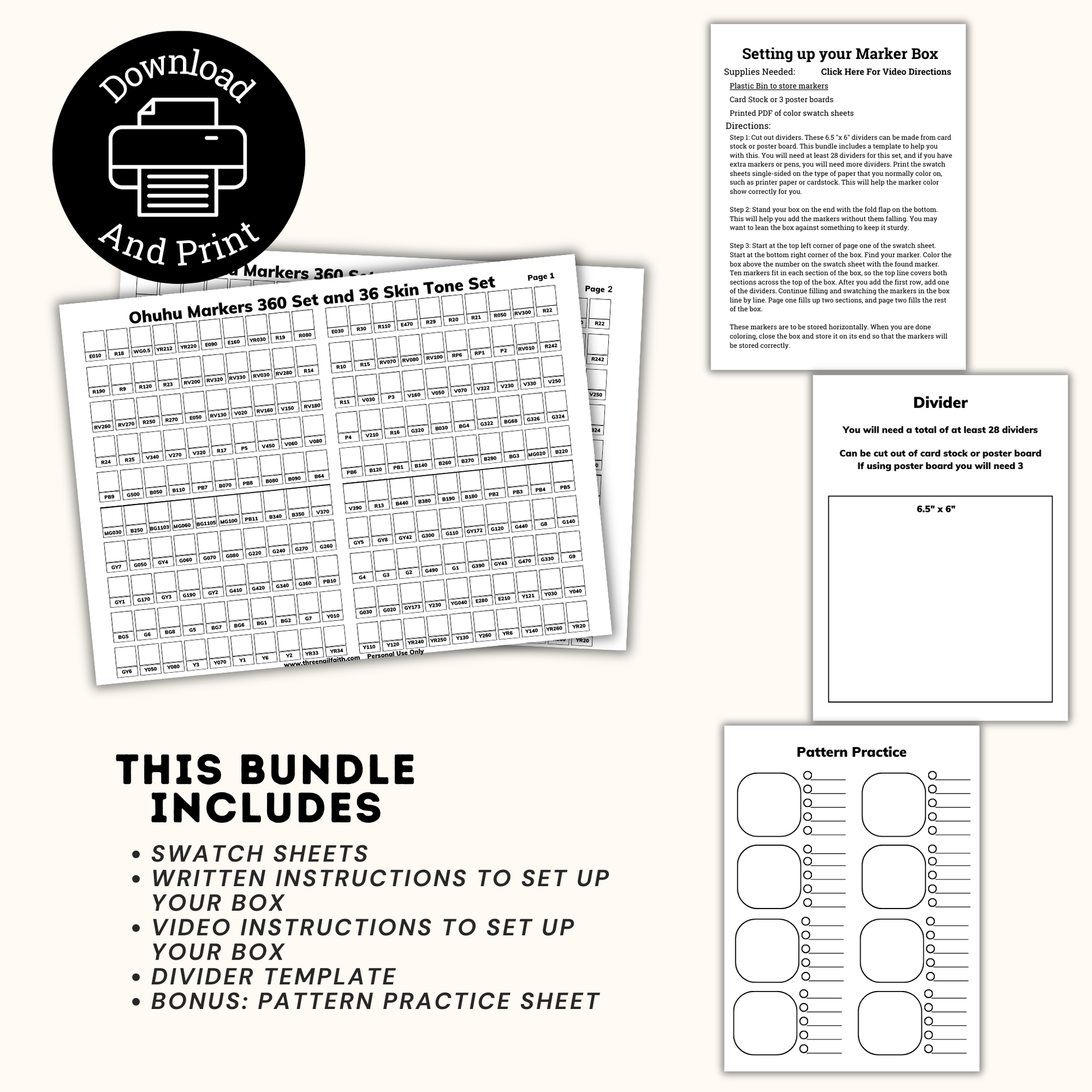listing includes marker swatch sheet, directions, divider template, and pattern practice sheet