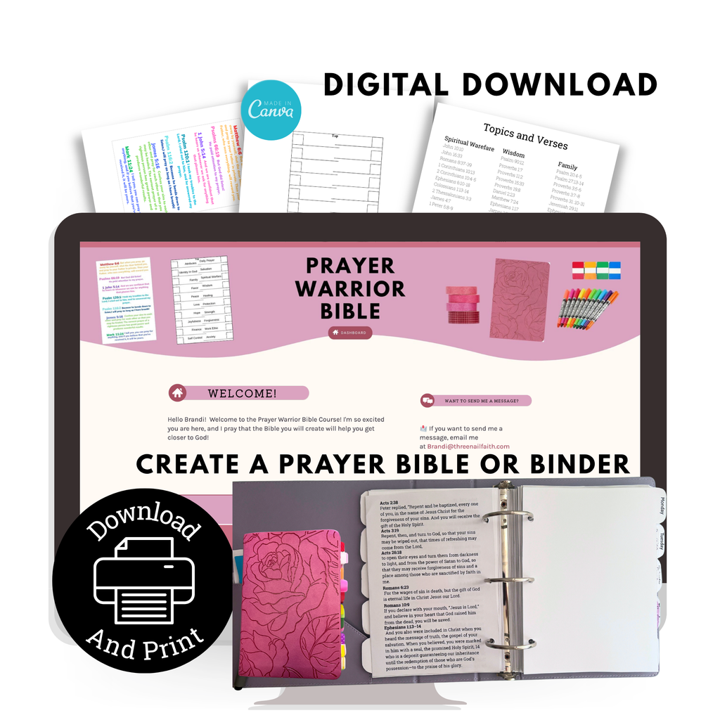 Prayer Bible Enhanced package comes with everything you need to start your prayer bible.  You will need a bible, highlighters and tabs but everything else is all included in this prayer bible package. 
