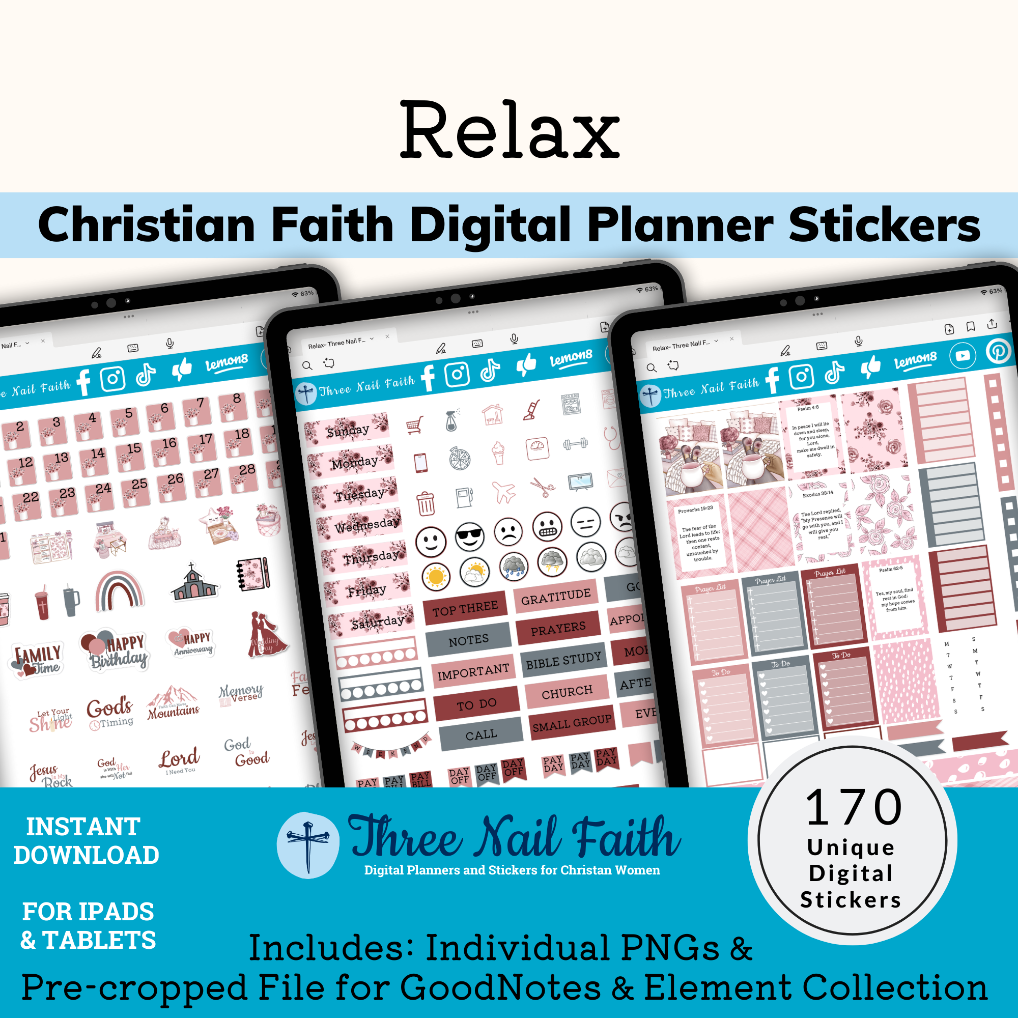 Digital sticker kit on the theme of relax soft pink, grey, and dark pink color theme.  Relaxing in bed is the theme of this digital sticker kit. 