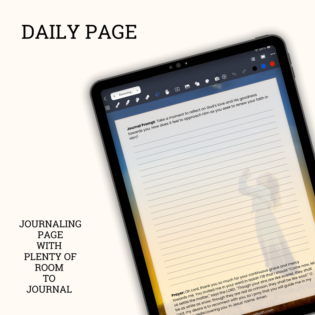 Each page has a journal prompt, space to journal, and a prayer