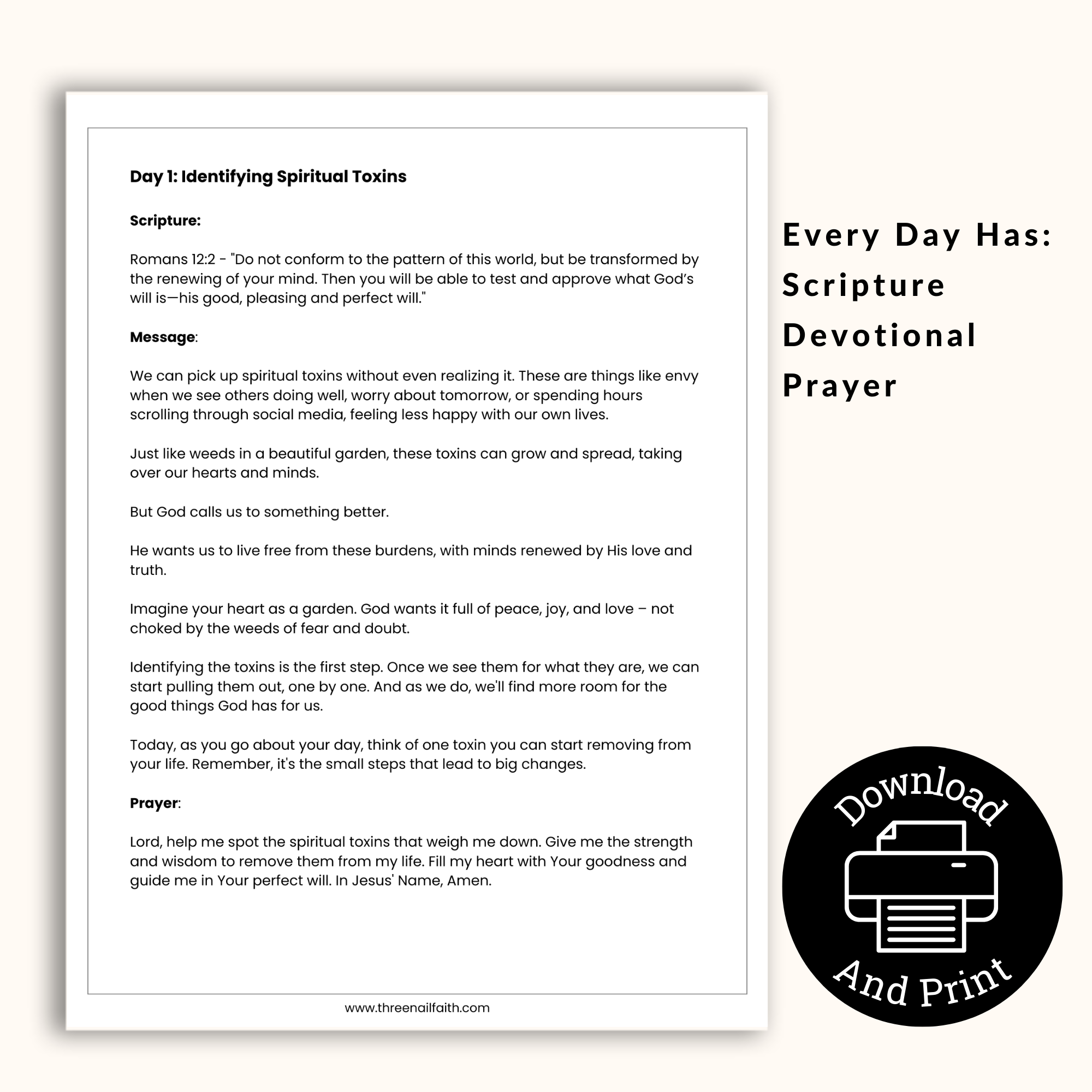 Daily page of Purified Spiritual Detox for Renewal and Revival 30-Day Printable Devotional Journal