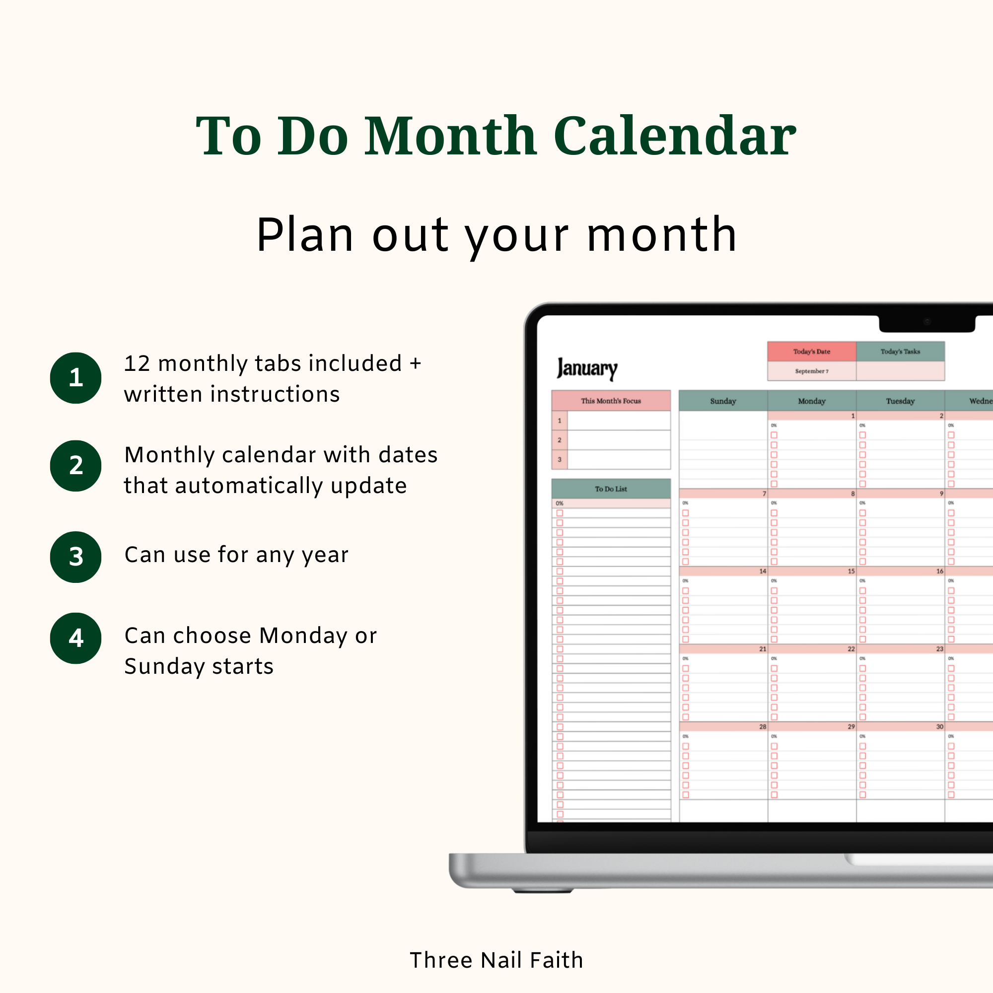 use every year, choose monday or sunday start, 12 month abs, month tabs automatically update with days  