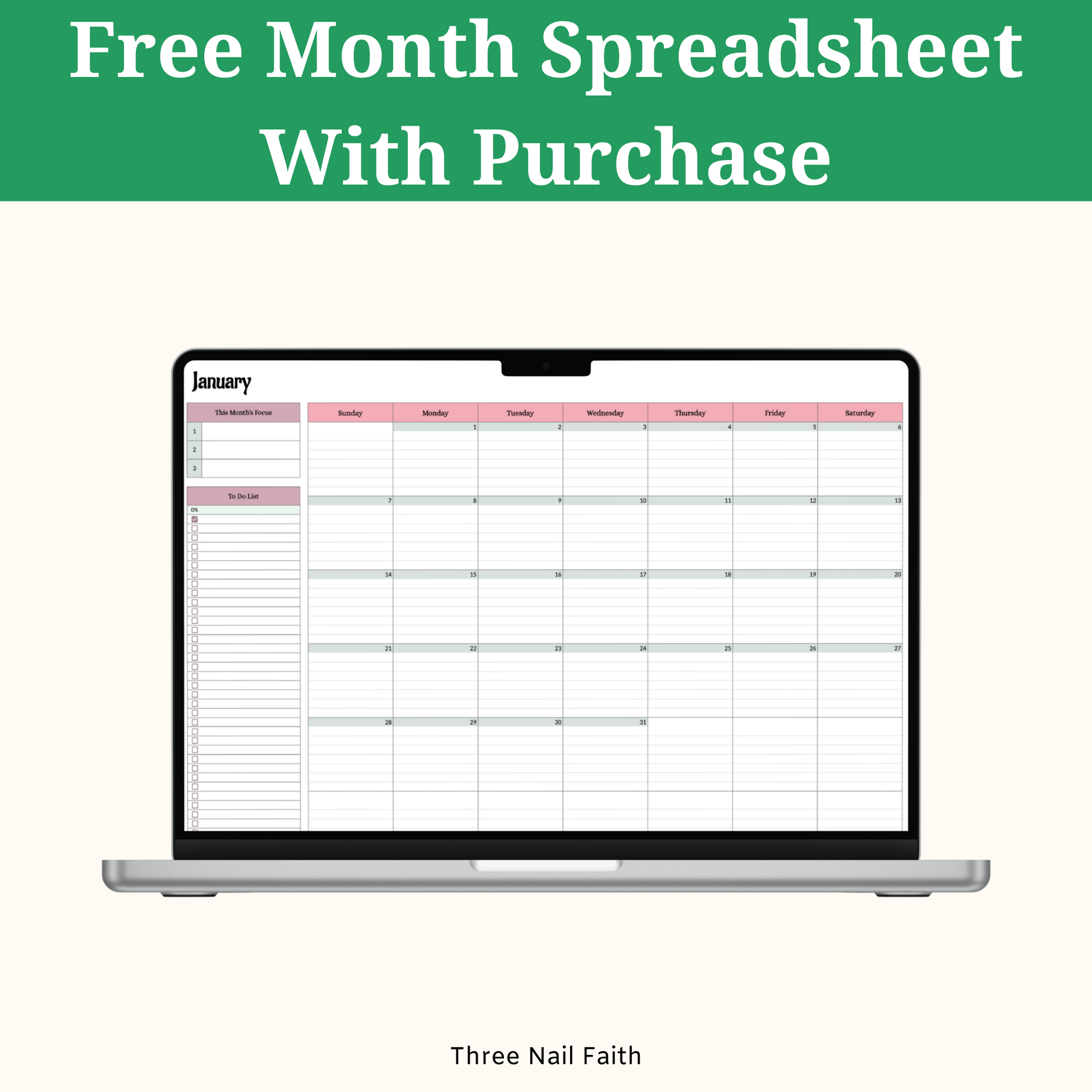 free month spreadsheet with purchase