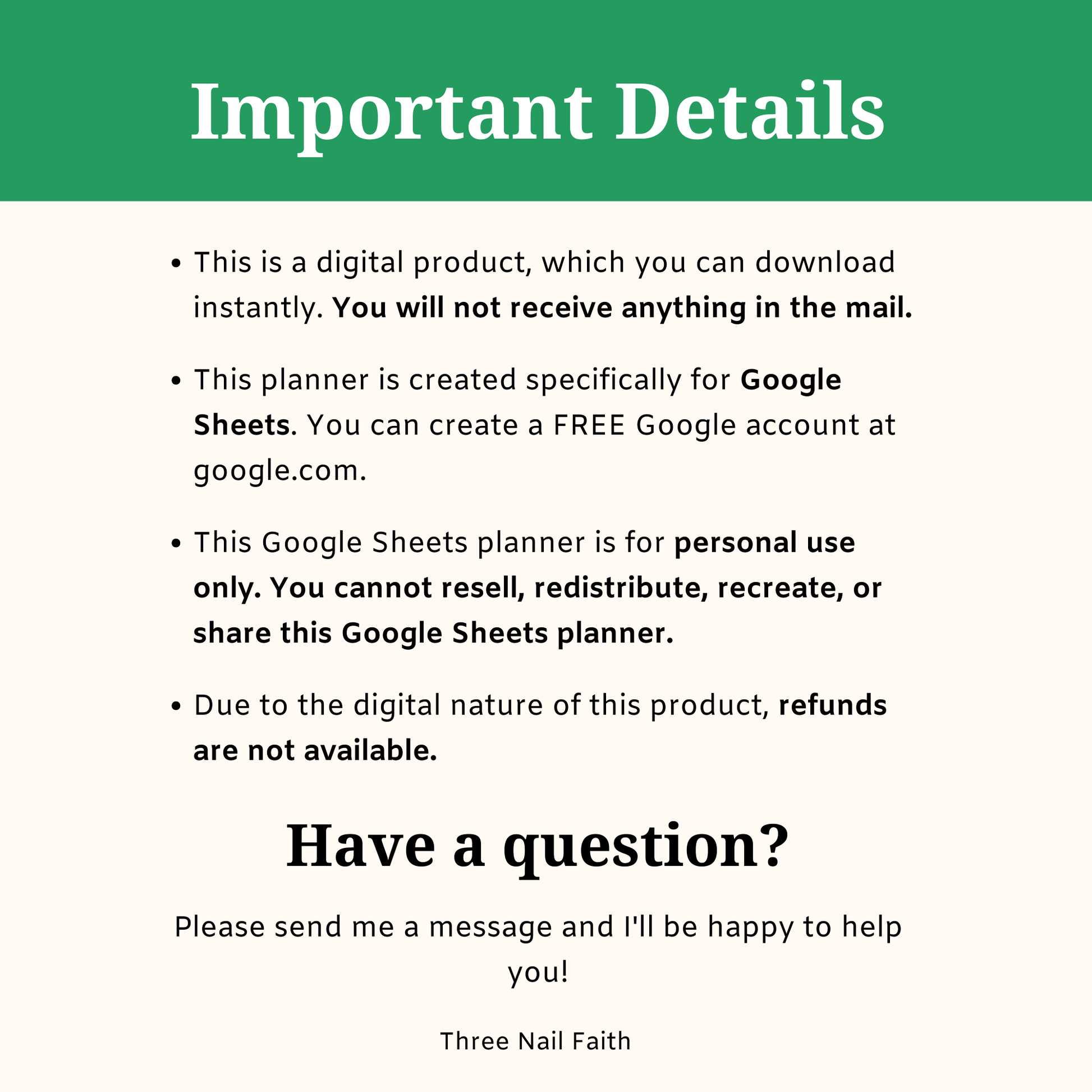 you will need a google sheets account , this is for personal use only, no refunds are available, you will not receive anything in the mail.