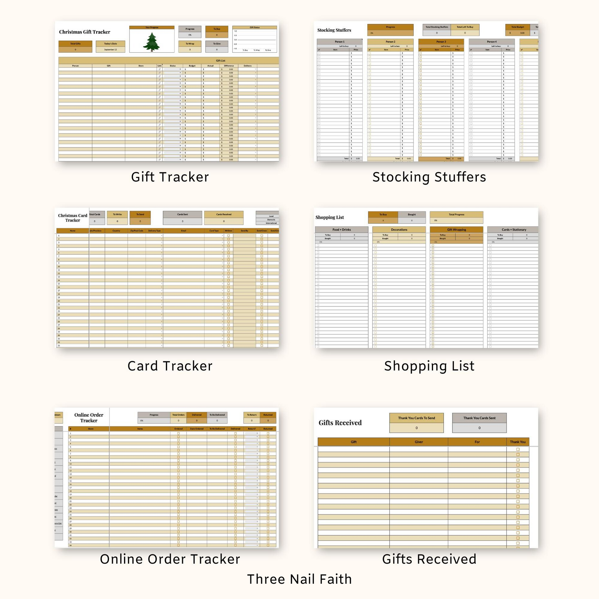 other trackers that are included: gift, stocking, card, shopping list, online order, gifts received 