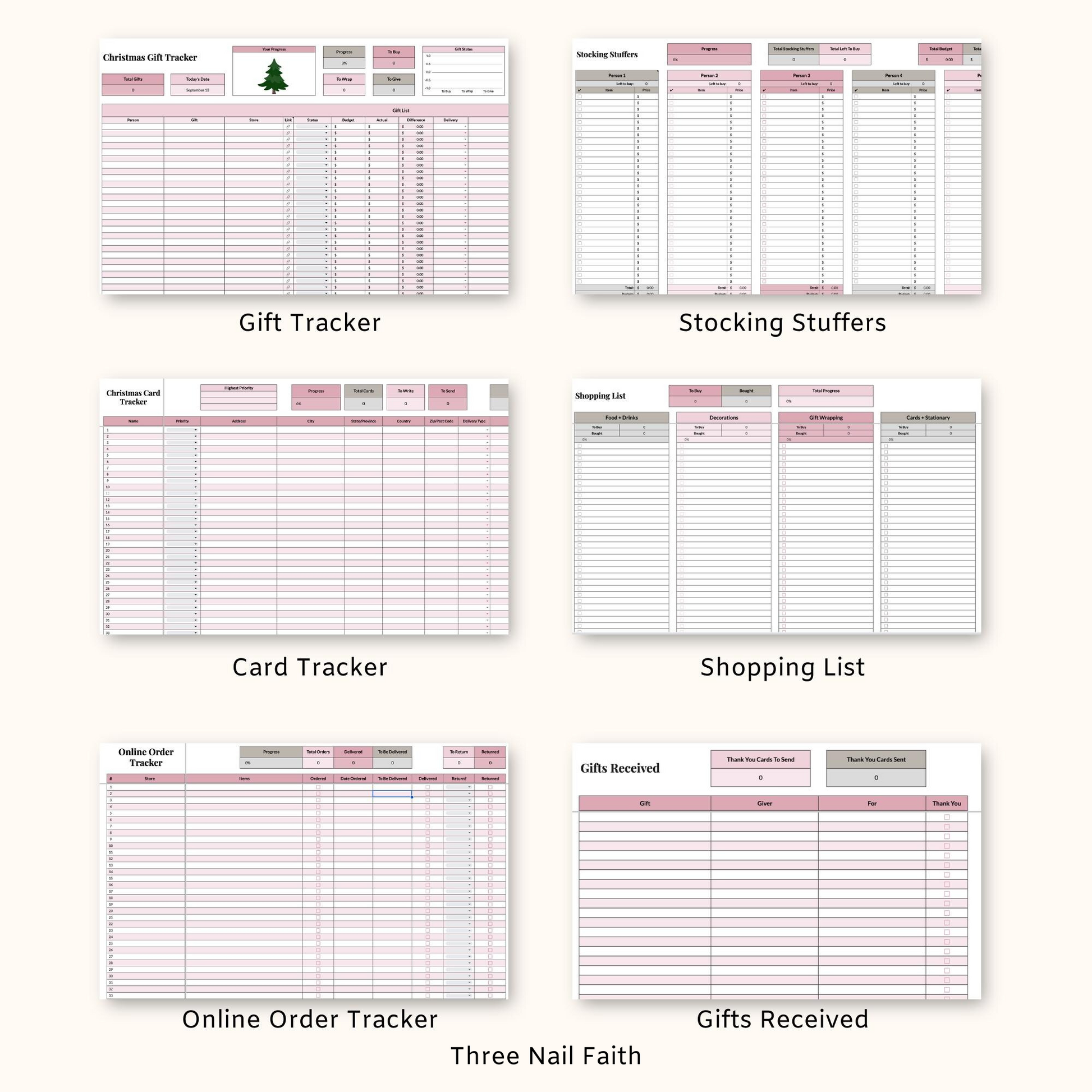 other trackers that are included: gift, stocking, card, shopping list, online order, gifts received