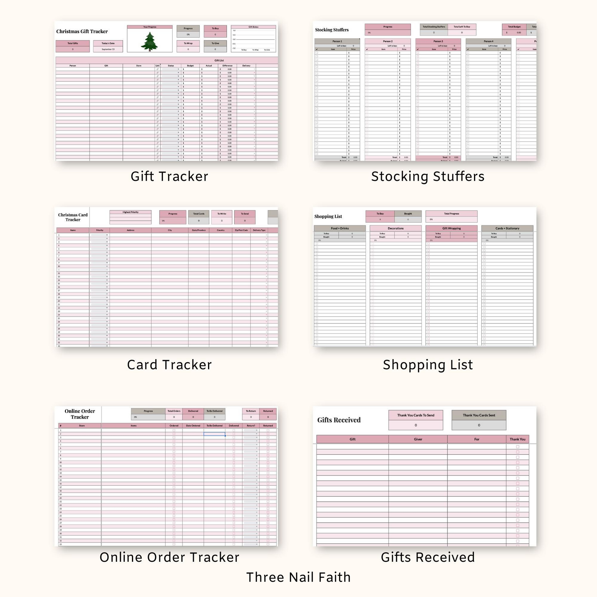 other trackers that are included: gift, stocking, card, shopping list, online order, gifts received 