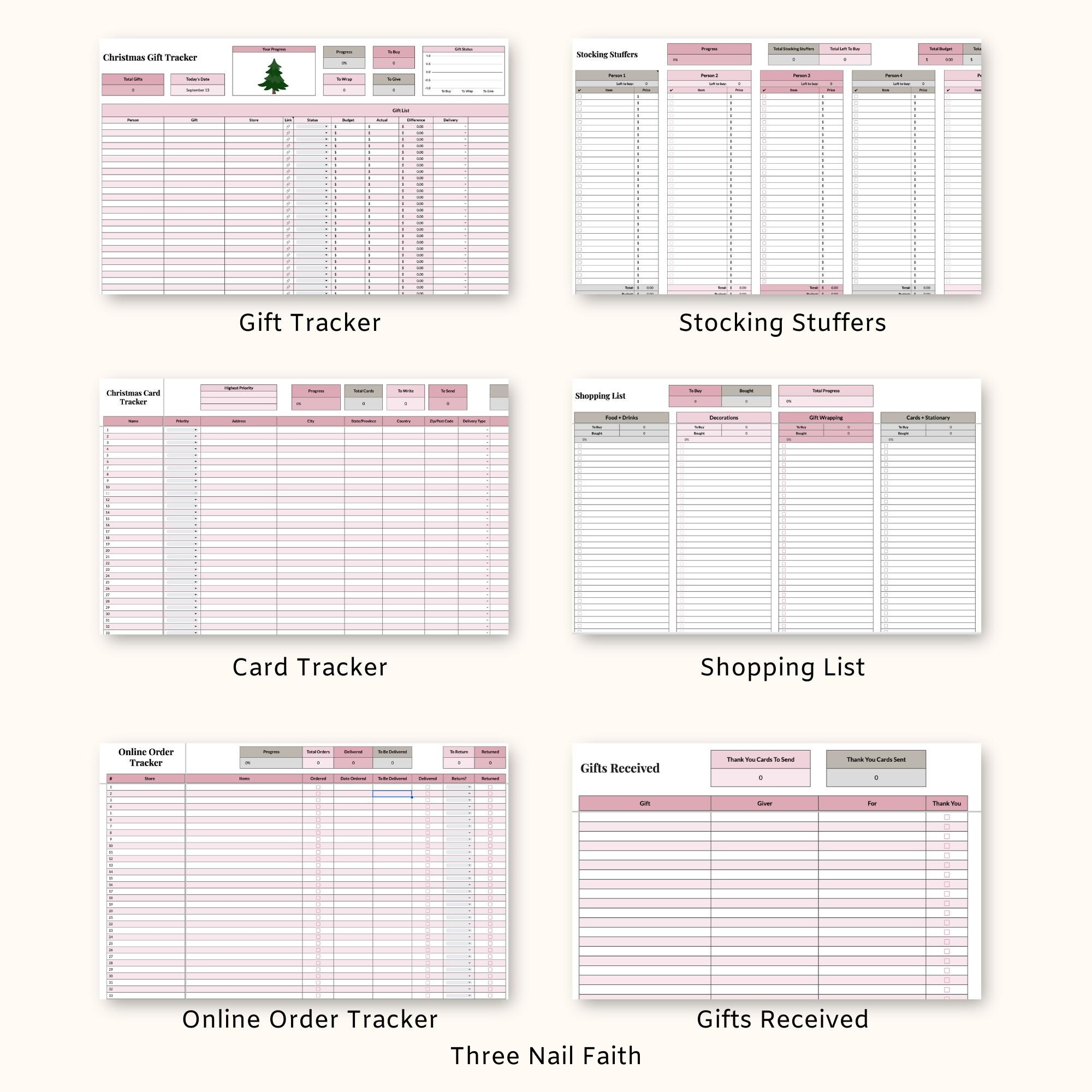 other trackers that are included: gift, stocking, card, shopping list, online order, gifts received 