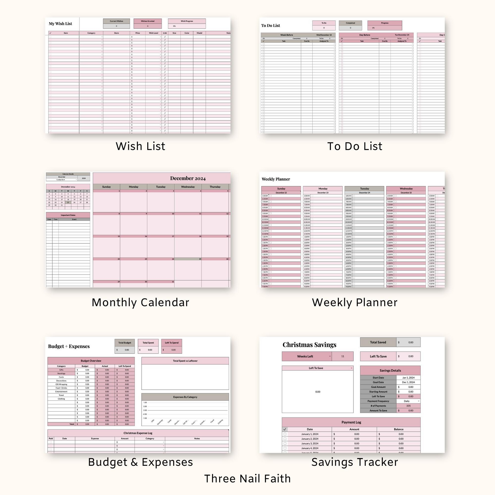 other trackers that are included: wish list, to do list, monthly calendar, weekly planner, budget and expense, savings