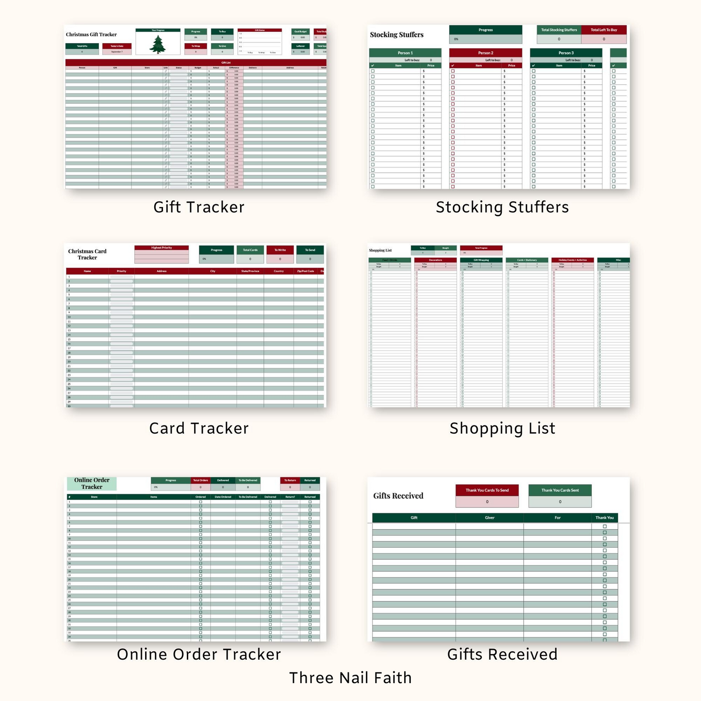 other trackers that are included: gift, stocking, card, shopping list, online order, gifts received. 