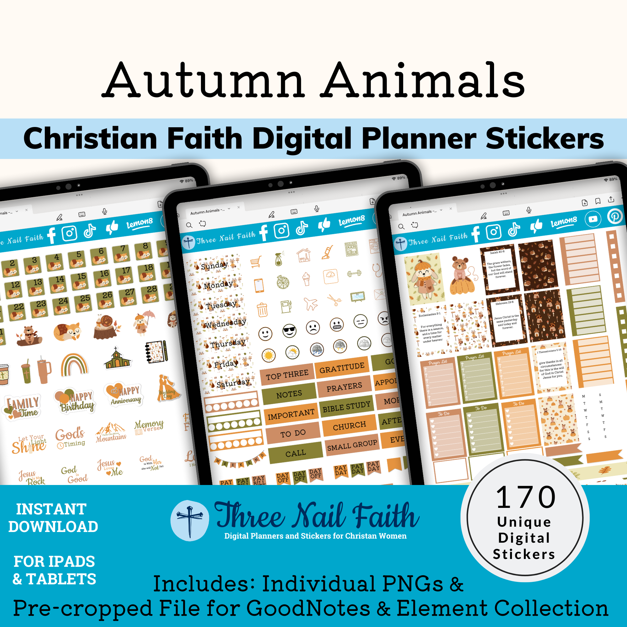 Autumn animals digital sticker kit that includes 170 digital stickers