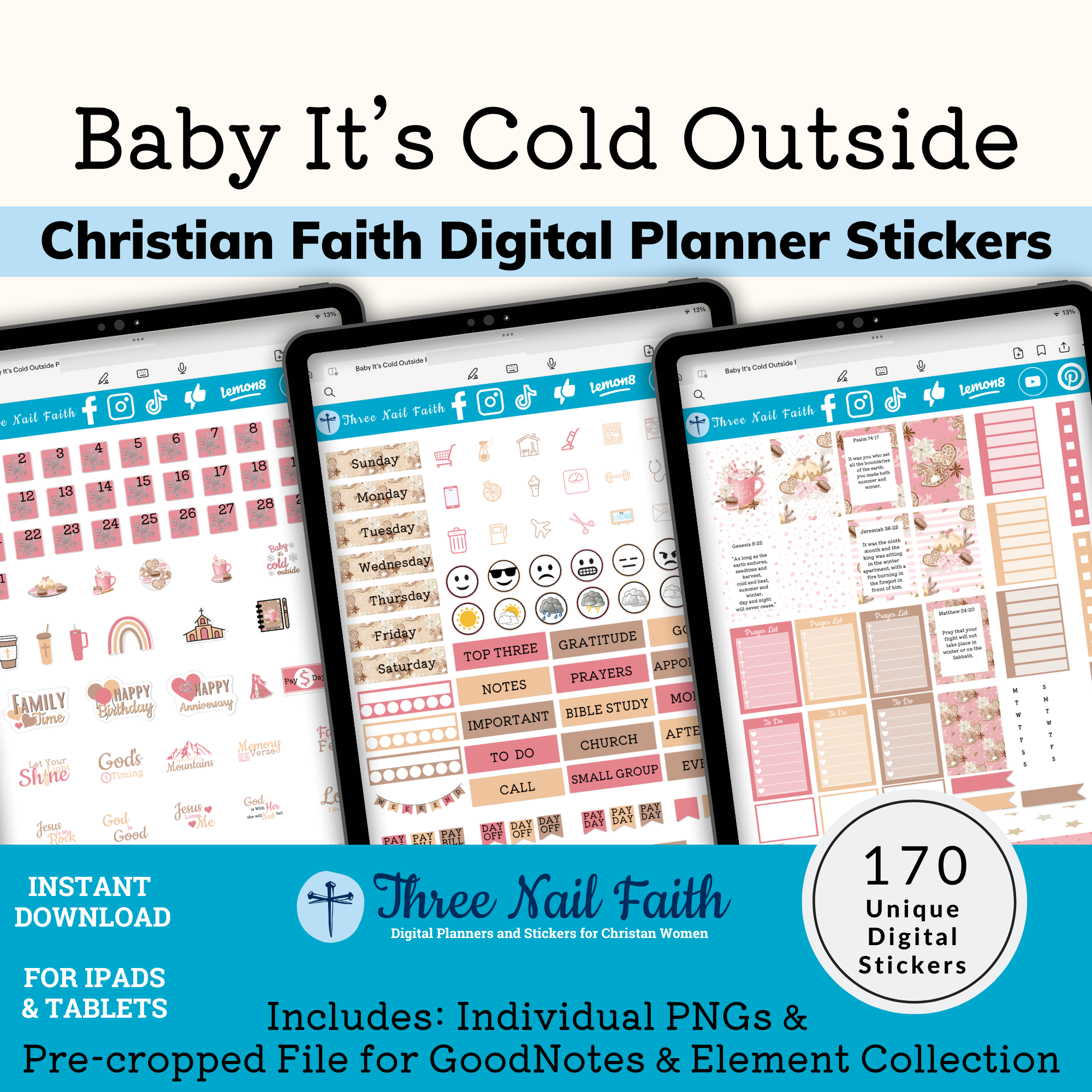 Baby It's Cold outside sticker kit is a christian digital planner sticker kit that includes 170 individual stickers
