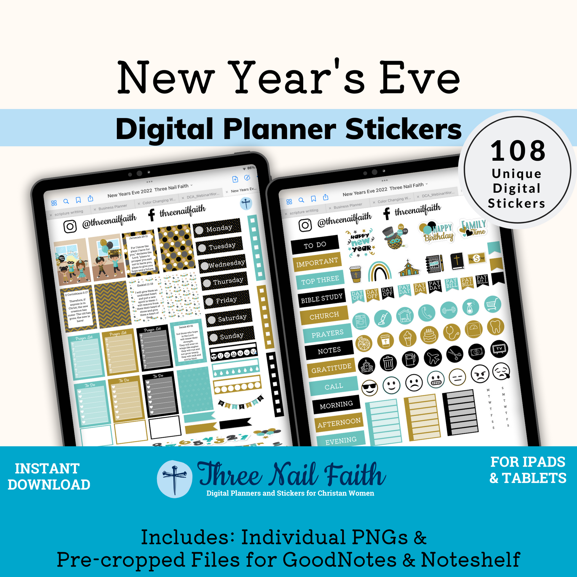 New Years Eve digital sticker kit with 108 Digital stickers