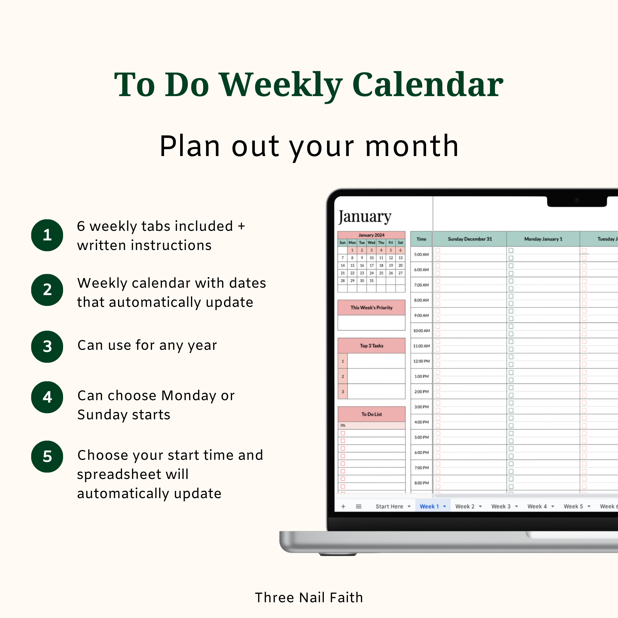 weekly calendar with dates that update, can you for any year,  Monday or sunday start, choose the start time for your spreadsheet 