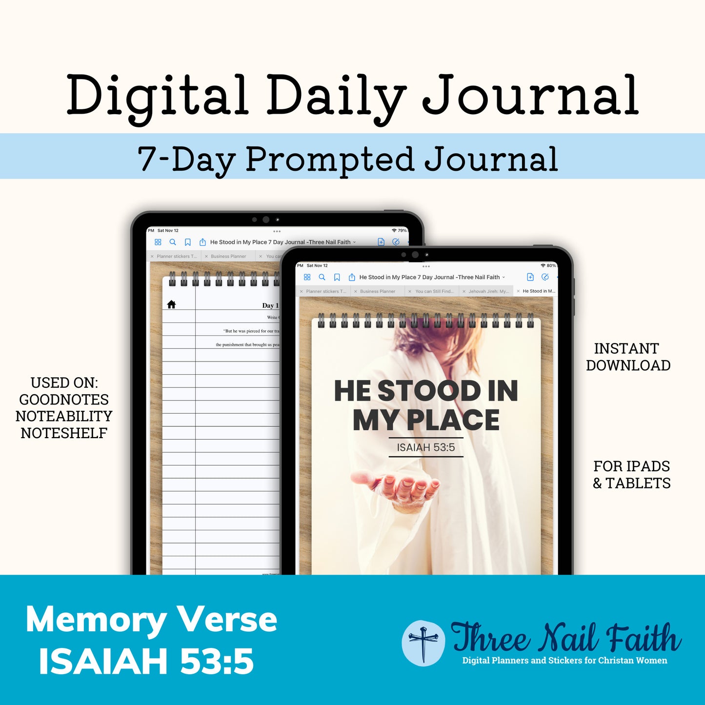7 Day Scripture Memory Verse Digital Journal, Isaiah 53:5 He Stood in My Place
