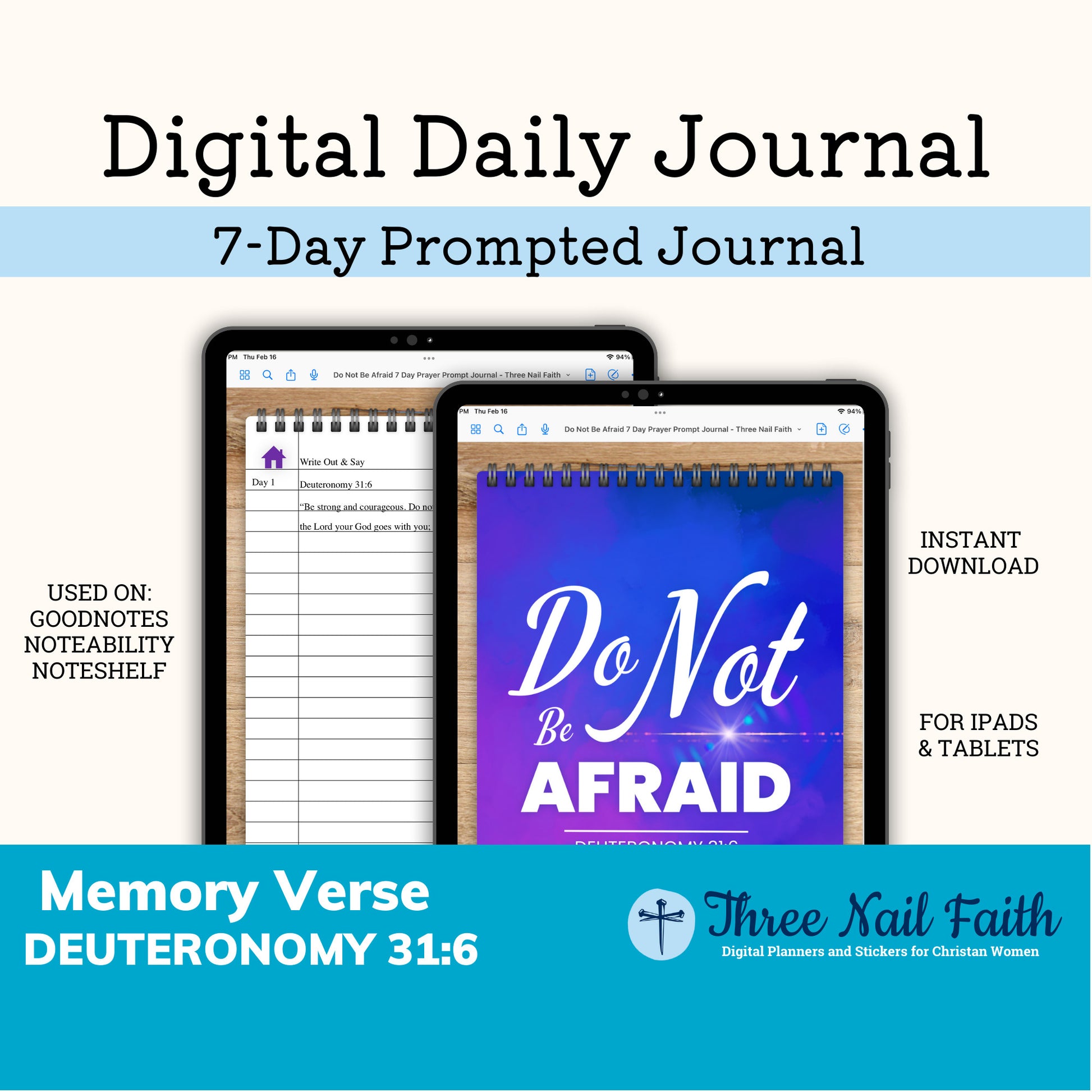 7 Day Scripture Memory Verse Digital Journal, Deuteronomy 31:6, Do Not Be Afraid