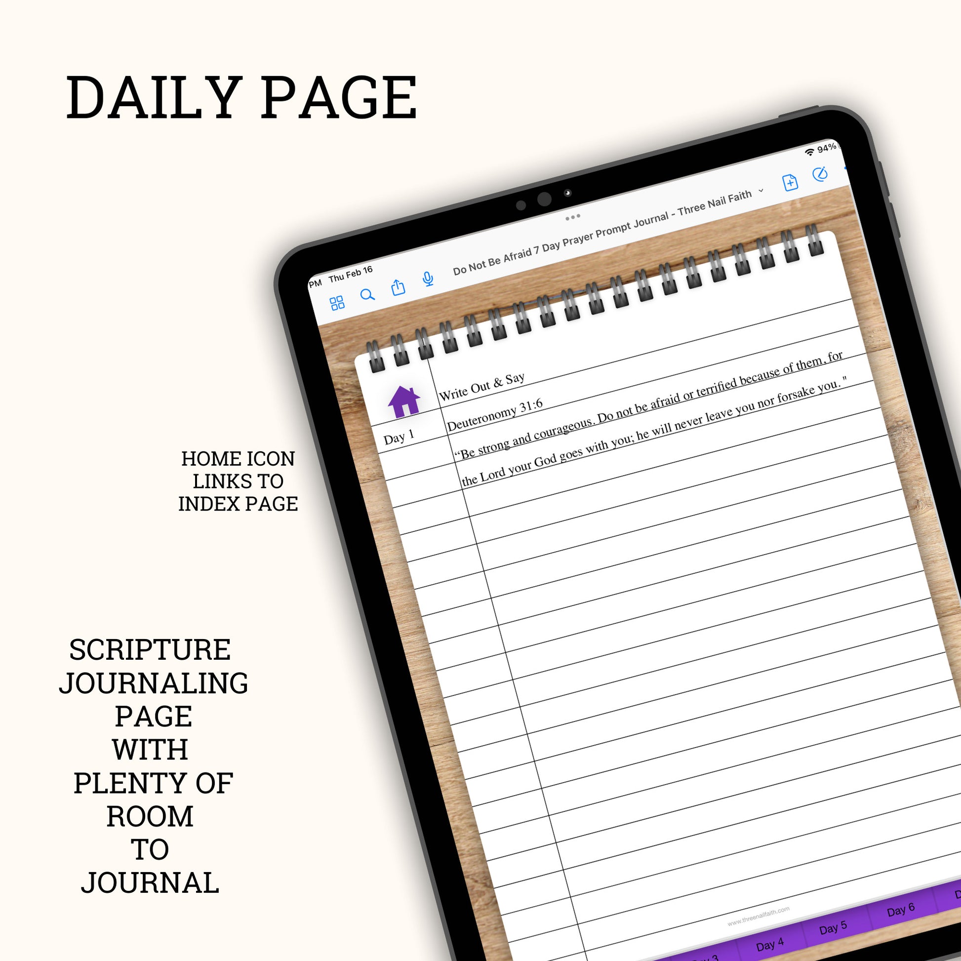 7 Day Scripture Memory Verse Digital Journal, Deuteronomy 31:6, Do Not Be Afraid Daily page