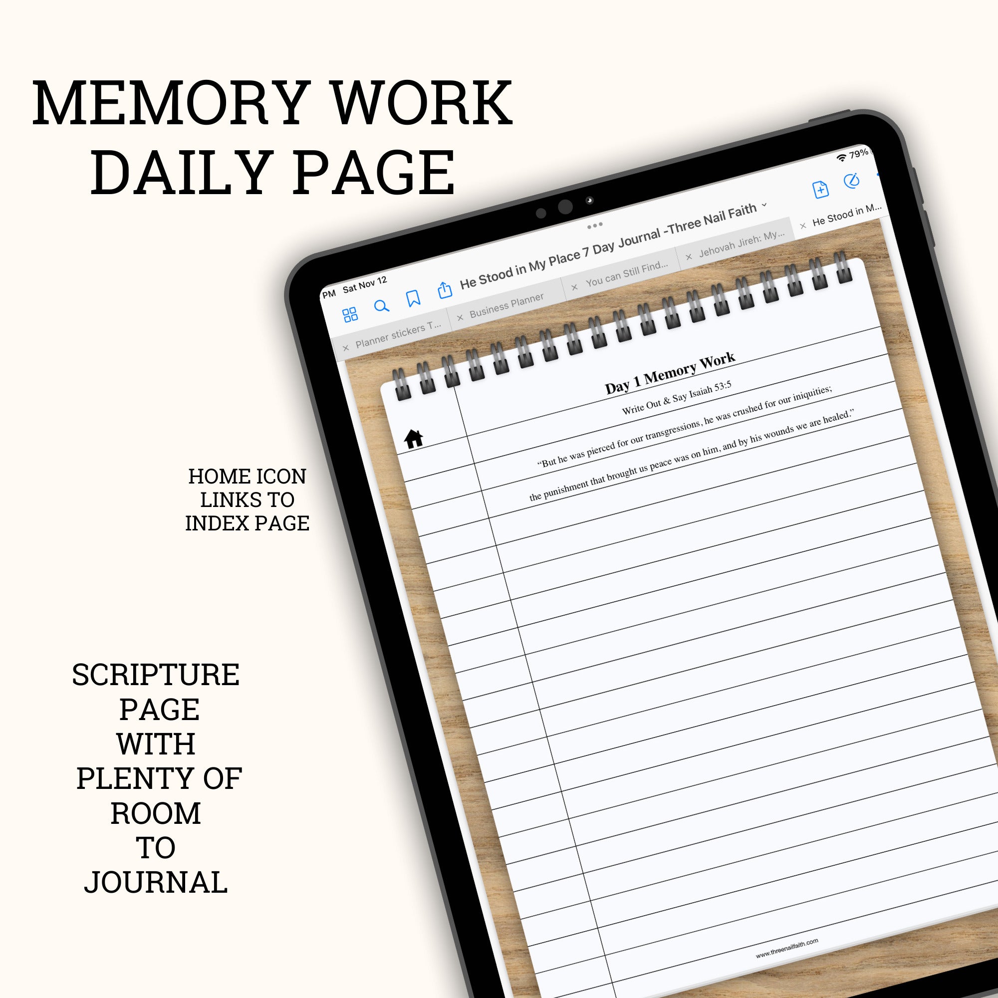 7 Day Scripture Memory Verse Digital Journal, Isaiah 53:5 He Stood in My Place memory verse daily page