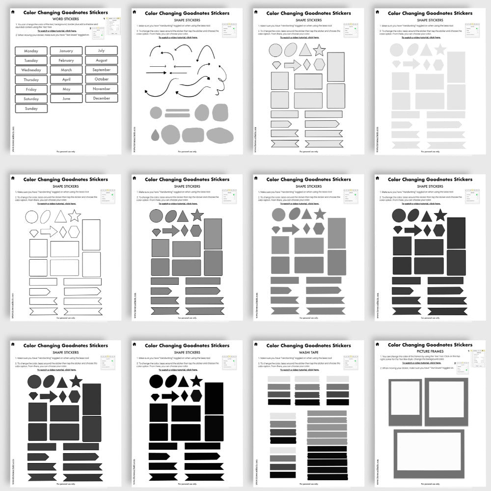 showing 12 different color changing sticker sheets