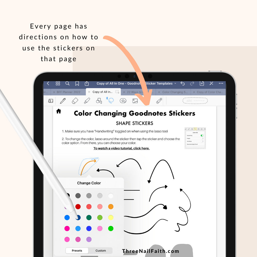 all pages have directions on how to change the stickers